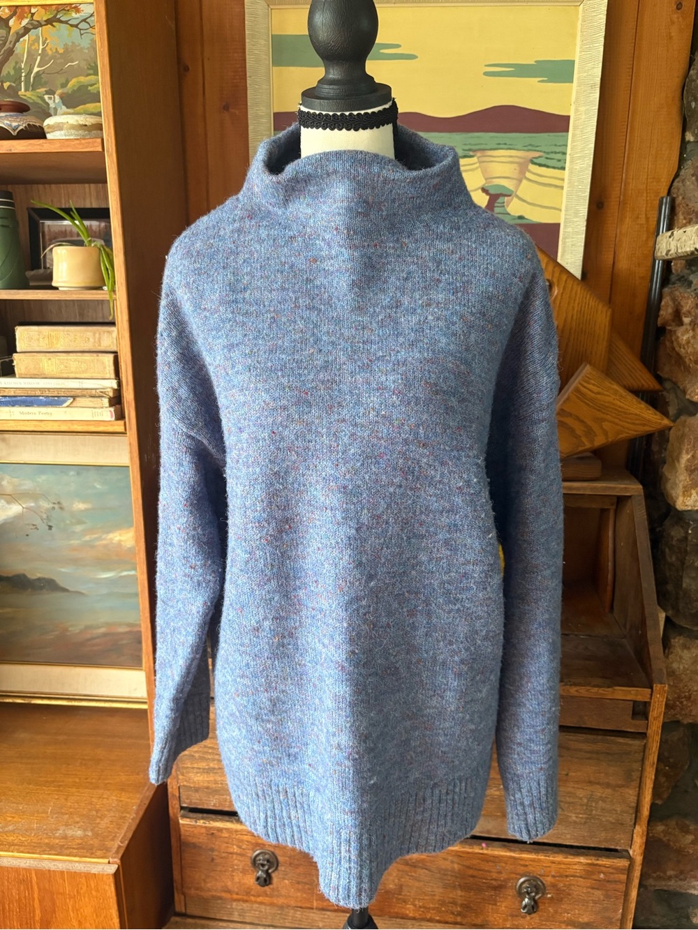 Cozy Fall Oversize Blue Knit Funnel Neck Sweater M